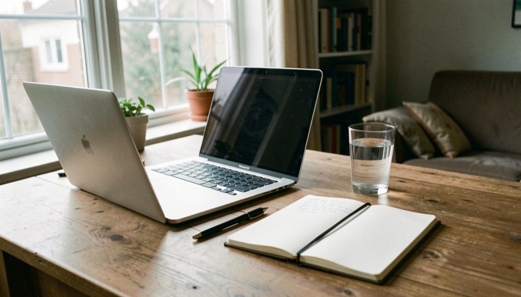 Een houten bureaublad met een laptop, een notitieblok met aantekeningen en een glas water bij het raam van een woonkamer.
