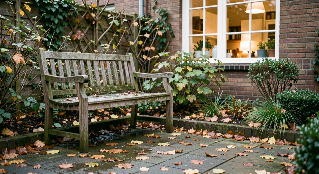 Een achtertuin in het najaar met gevallen bladeren op de bestrating, een tuinbank met een dun laagje vocht en een verlicht keukenraam op de achtergrond.