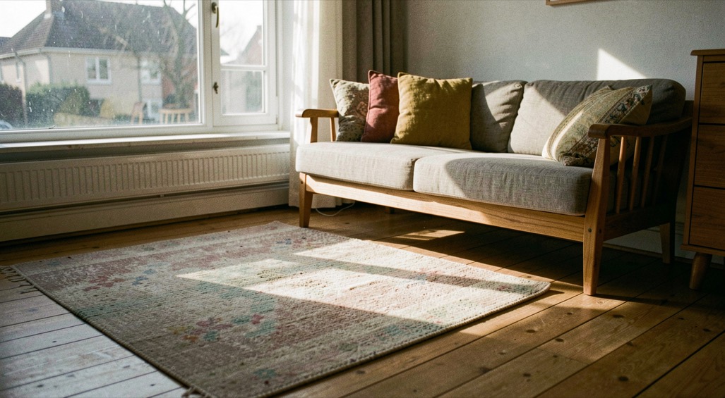 Woonkamer met een lage bank, een houten vloer en een groot raam waardoor de late namiddagzon op een vloerkleed valt.