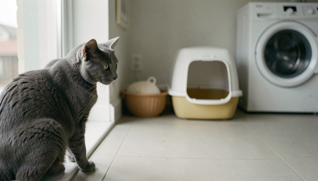 Een grijze cyperse kat die vanaf een vensterbank de kamer in kijkt, met op de achtergrond een open kattenbak op een gladde vloer naast een wasmachine.