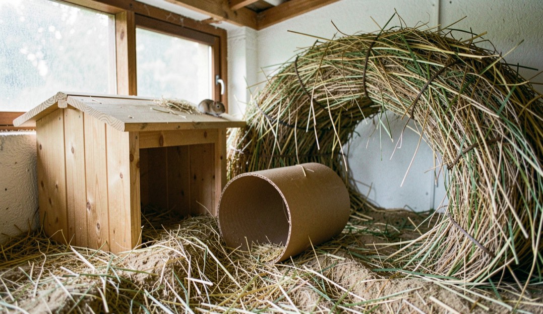 Een ruim knaagdierenverblijf met een dikke laag houtvezel, een houten schuilhuisje, een tunnel van karton en een ruif met vers hooi.