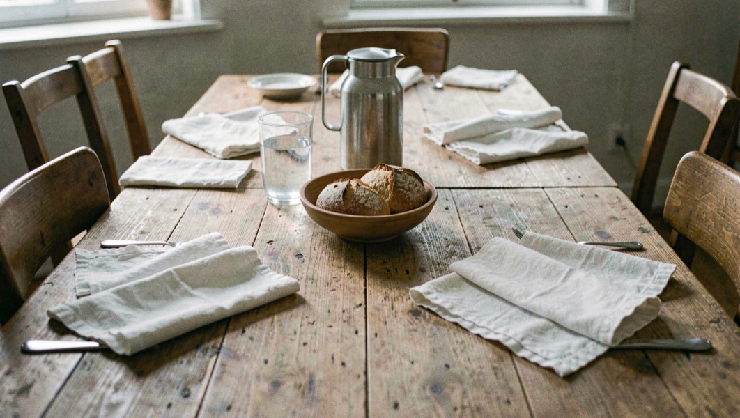 Een houten eettafel gedekt met vier eenvoudige couverts, linnen servetten, een kan water en een lage schaal met brood in het midden.