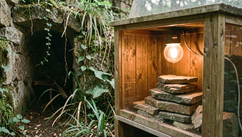 Een houten terrarium met een warmtelamp boven een stapel platte stenen aan de rechterzijde en een koelere, beplante hoek links met een schuilplek.