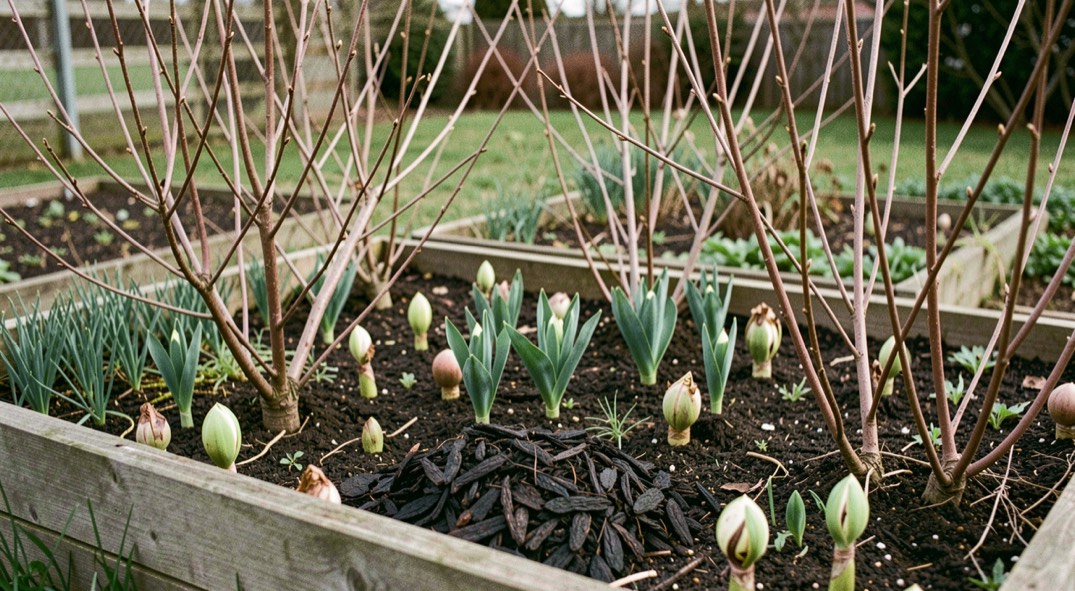 Een tuinbed in het vroege voorjaar met kale, gesnoeide takken, ontluikende bollen en een laag donkere compost tussen de planten.