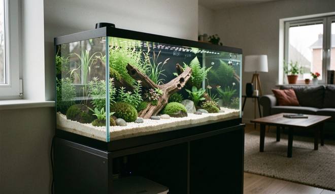 Een beplant aquarium van ongeveer een meter breed op een donkere onderkast tegen een binnenmuur, met de rest van de woonkamer schemerig op de achtergrond.