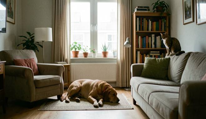 Een woonkamer waarin een hond op een mat bij de bank ligt en een kat op een boekenkast zit, met daglicht vanuit een groot raam op de achtergrond.