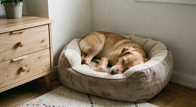 Een slapende hond in een verhoogde mand met een dikke vulling, geplaatst in een rustige hoek van een woonkamer naast een lage kast.