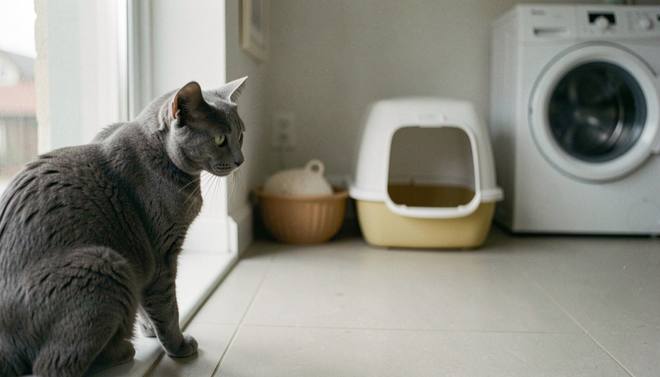 Een grijze cyperse kat die vanaf een vensterbank de kamer in kijkt, met op de achtergrond een open kattenbak op een gladde vloer naast een wasmachine.