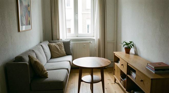 Een smalle woonkamer met een tweezitsbank haaks op het raam, een ronde salontafel en een lage kast langs de wand, met daglicht vanaf de achterzijde.