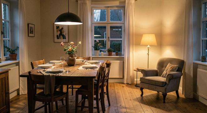 Avondlijke woonkamer met een lage hanglamp boven een eettafel, een leeslamp bij een fauteuil en warm licht dat op een houten vloer valt.