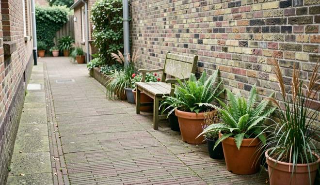 Een smalle stadstuin met klinkerbestrating, een houten bank tegen een bakstenen muur en potten met varens en siergrassen langs de erfafscheiding.