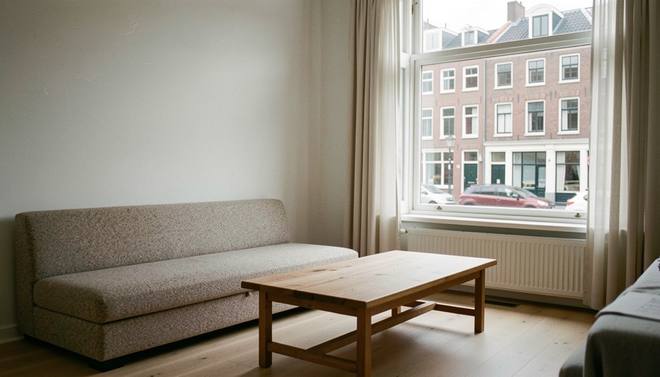Lichte woonkamer met een lage bank van gemeleerde wolstof, een houten salontafel en een groot raam met uitzicht op een straat met bakstenen gevels.