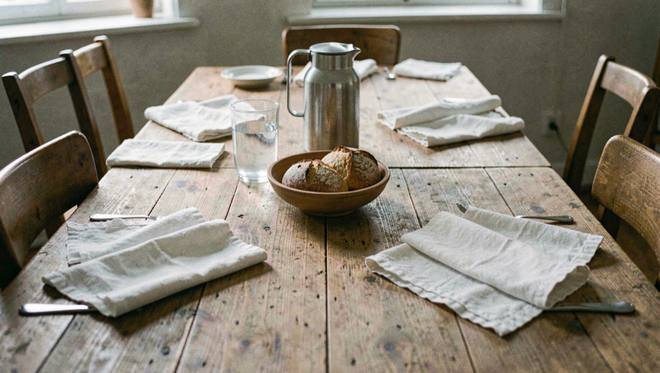 Een houten eettafel gedekt met vier eenvoudige couverts, linnen servetten, een kan water en een lage schaal met brood in het midden.