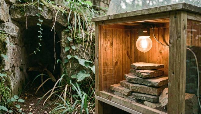 Een houten terrarium met een warmtelamp boven een stapel platte stenen aan de rechterzijde en een koelere, beplante hoek links met een schuilplek.