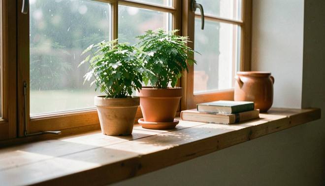 Een brede houten vensterbank met drie potten groen van oplopende hoogte, een stapel boeken en een keramieken kan, met zonlicht dat door dunne vitrage valt.