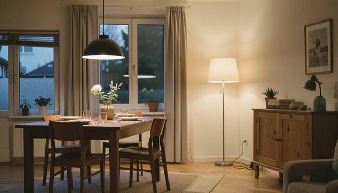 Een woonkamer bij avond waarin een hanglamp de eettafel verlicht, een vloerlamp een leeshoek markeert en een kastlamp de achterwand aanzet.