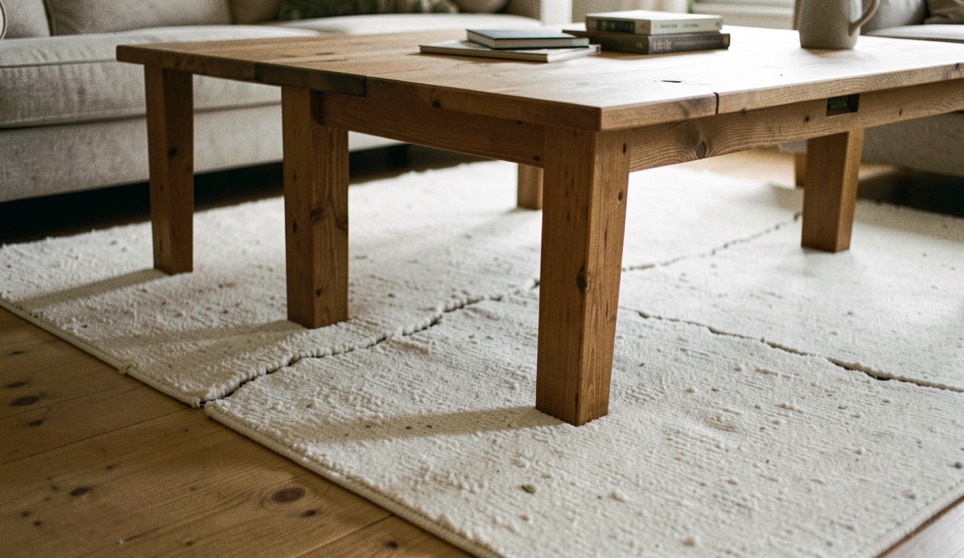 Een wollen vloerkleed in gebroken wit onder een houten salontafel, met de voorpoten van een bank op het kleed en een eikenhouten vloer eromheen.