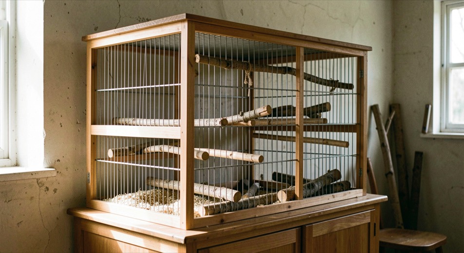 Een brede vogelkooi op een stevige onderkast tegen een binnenmuur, met natuurlijke zitstokken van verschillende dikte en daglicht van opzij.